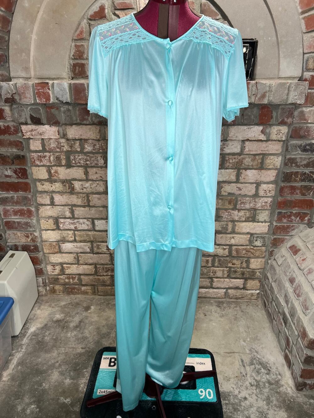 Vanity Fair satin pajama set top pants aqua pink lace floral